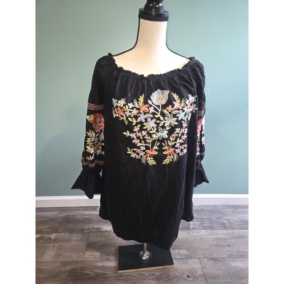 Free People Dresses & Skirts - Free People Fleur Du Jour Black Floral Embroidered Off Shoulder Mini Dress Sz S